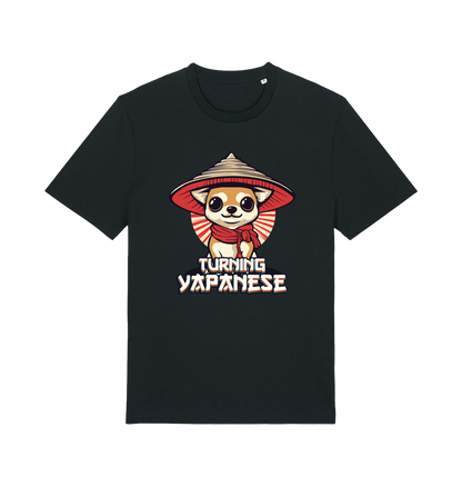 black funny animal t-shirt with the graphic of a dog in a japanese hat and the slogan 'turning yapanese'