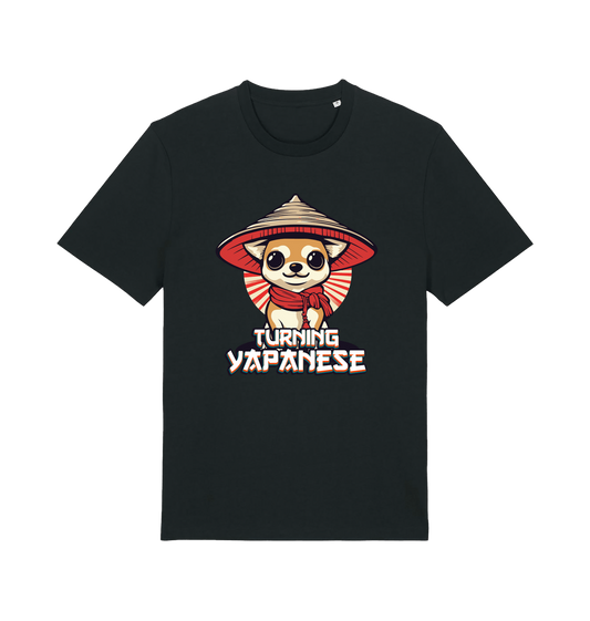 black funny animal t-shirt with the graphic of a dog in a japanese hat and the slogan 'turning yapanese'