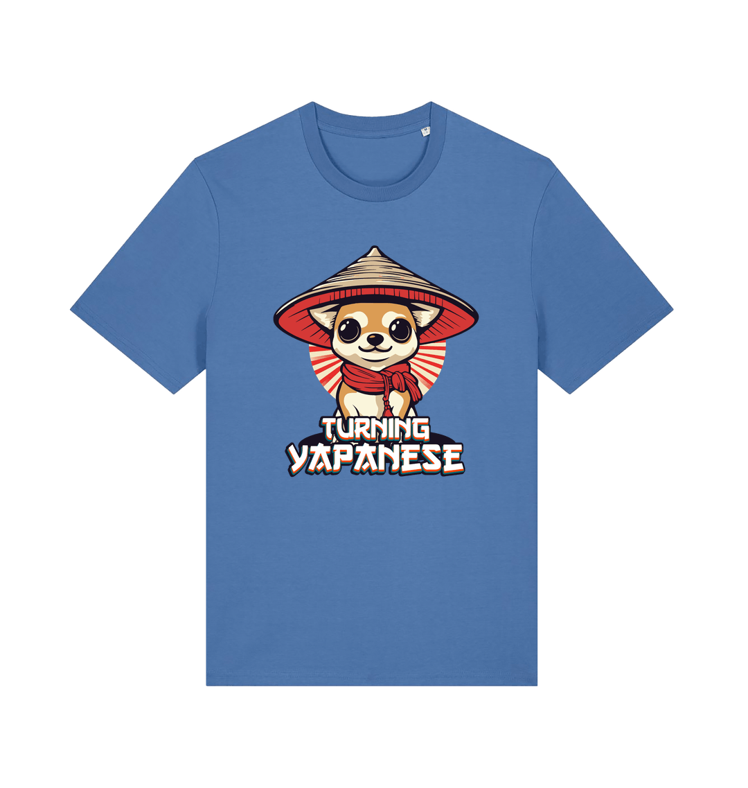 blue funny animal t-shirt with the graphic of a dog in a japanese hat and the slogan 'turning yapanese'