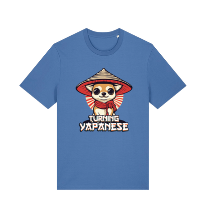 blue funny animal t-shirt with the graphic of a dog in a japanese hat and the slogan 'turning yapanese'