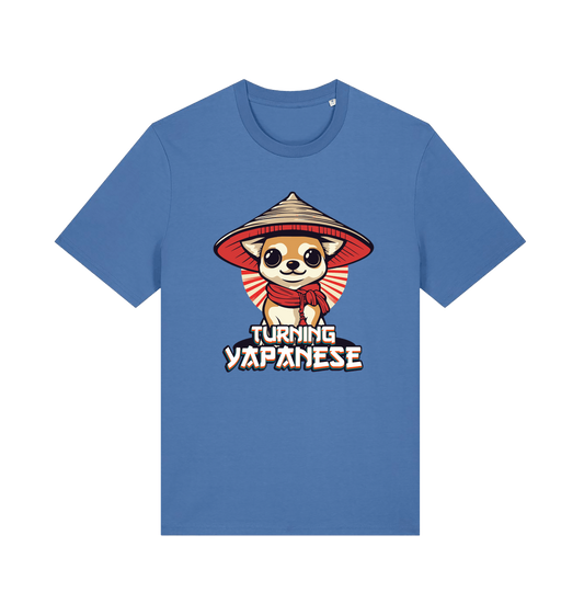 blue funny animal t-shirt with the graphic of a dog in a japanese hat and the slogan 'turning yapanese'