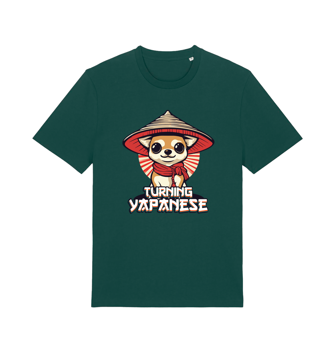 green funny animal t-shirt with the graphic of a dog in a japanese hat and the slogan 'turning yapanese'