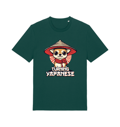 green funny animal t-shirt with the graphic of a dog in a japanese hat and the slogan 'turning yapanese'
