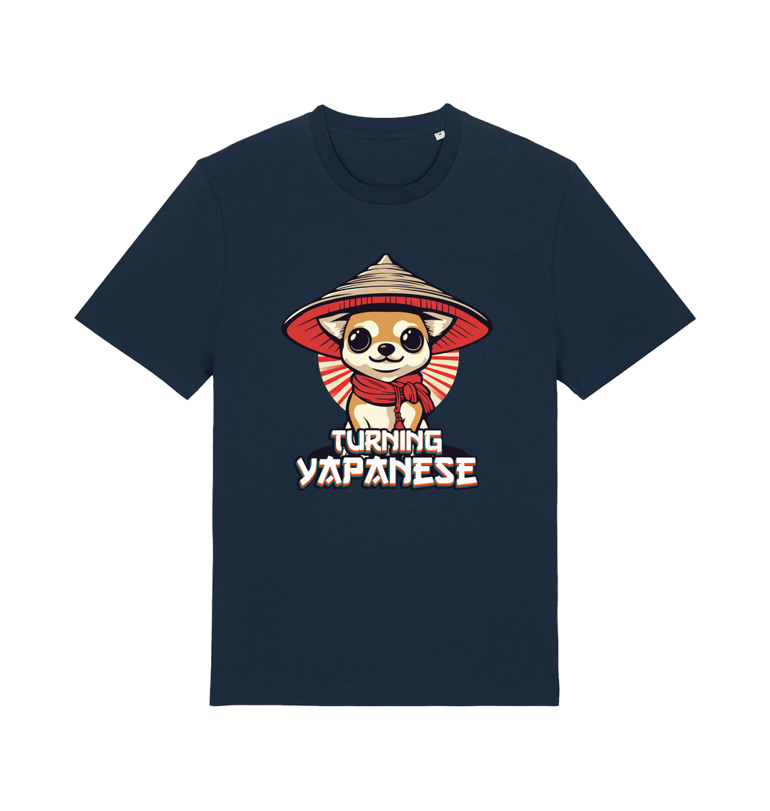navy funny animal t-shirt with the graphic of a dog in a japanese hat and the slogan 'turning yapanese'