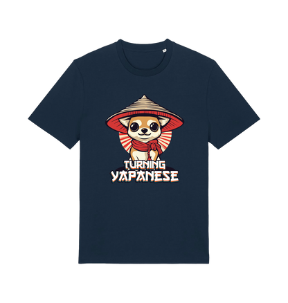 navy funny animal t-shirt with the graphic of a dog in a japanese hat and the slogan 'turning yapanese'