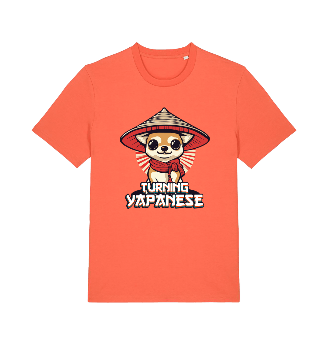 orange funny animal t-shirt with the graphic of a dog in a japanese hat and the slogan 'turning yapanese'