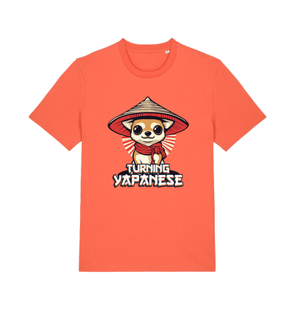 orange funny animal t-shirt with the graphic of a dog in a japanese hat and the slogan 'turning yapanese'