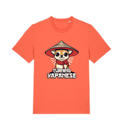 orange funny animal t-shirt with the graphic of a dog in a japanese hat and the slogan 'turning yapanese'