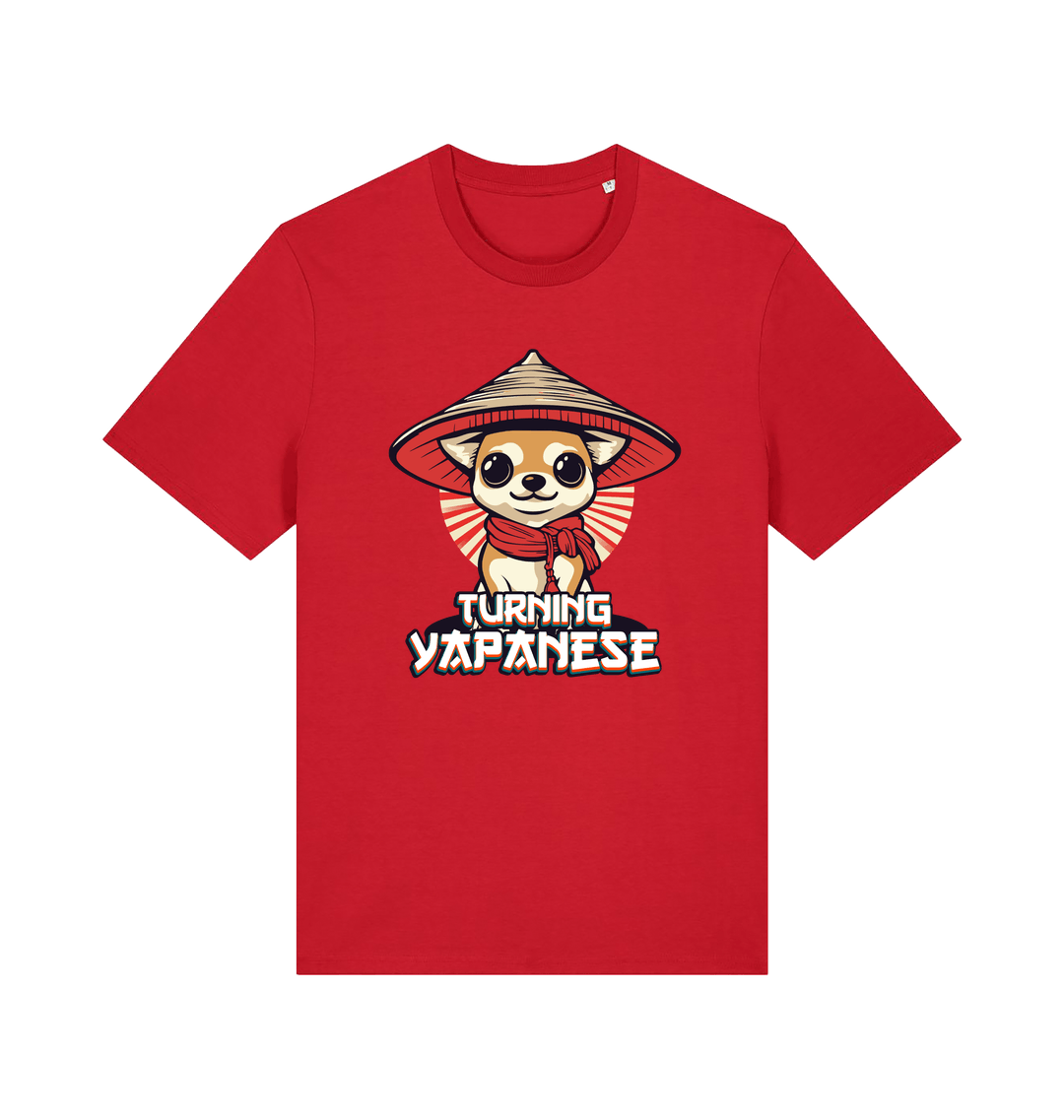 red funny animal t-shirt with the graphic of a dog in a japanese hat and the slogan 'turning yapanese'