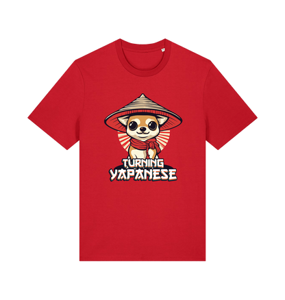red funny animal t-shirt with the graphic of a dog in a japanese hat and the slogan 'turning yapanese'