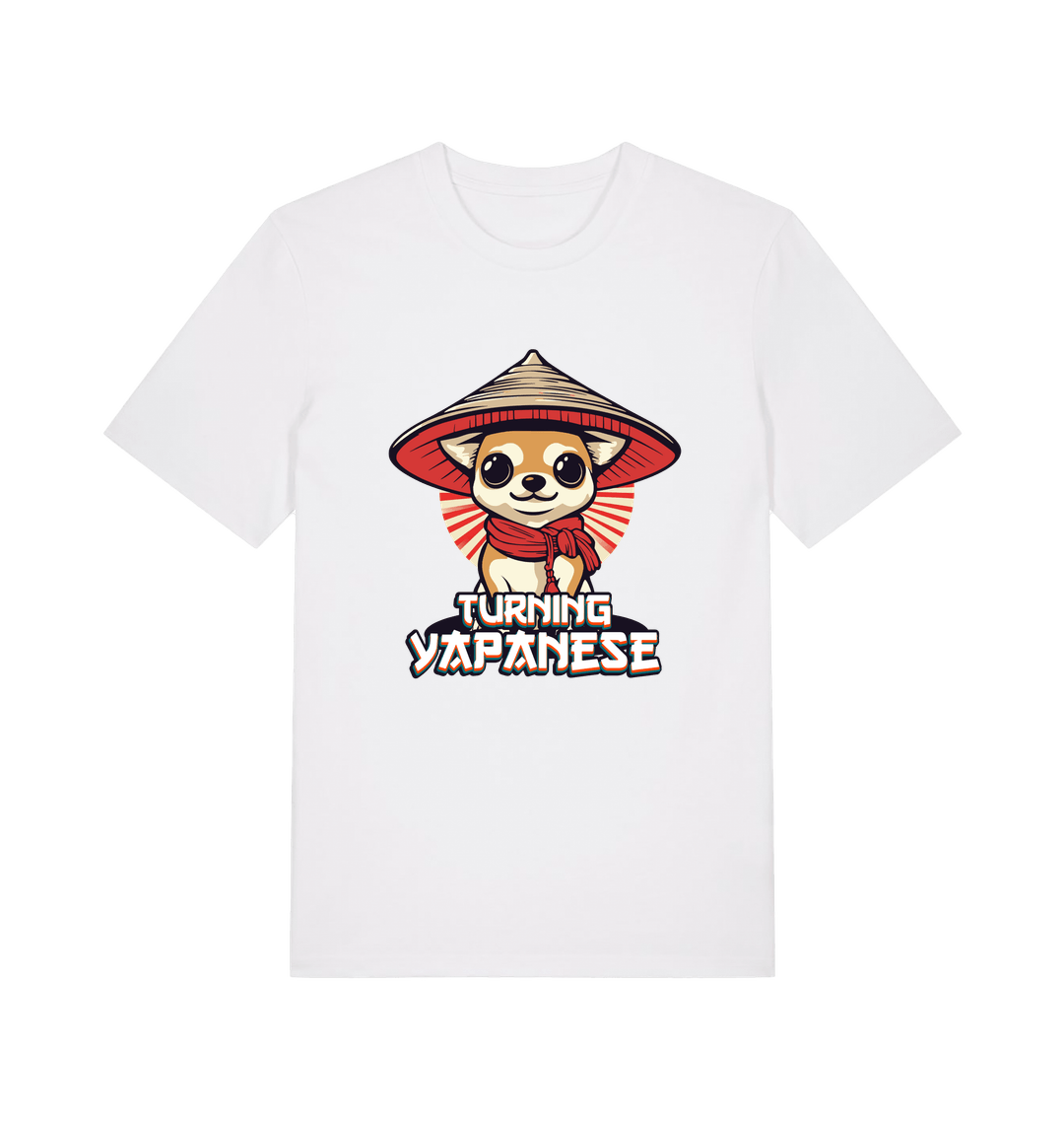 white funny animal t-shirt with the graphic of a dog in a japanese hat and the slogan 'turning yapanese'