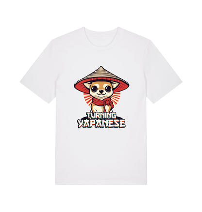 white funny animal t-shirt with the graphic of a dog in a japanese hat and the slogan 'turning yapanese'