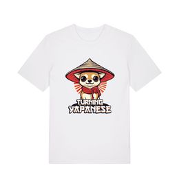 white funny animal t-shirt with the graphic of a dog in a japanese hat and the slogan 'turning yapanese'