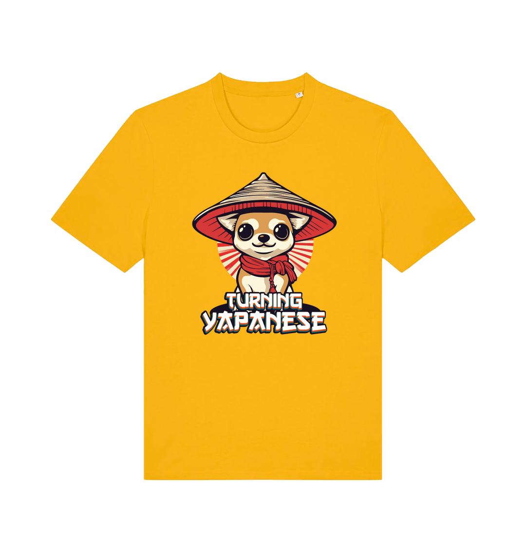 yellow funny animal t-shirt with the graphic of a dog in a japanese hat and the slogan 'turning yapanese'