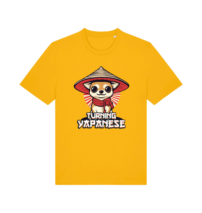 yellow funny animal t-shirt with the graphic of a dog in a japanese hat and the slogan 'turning yapanese'