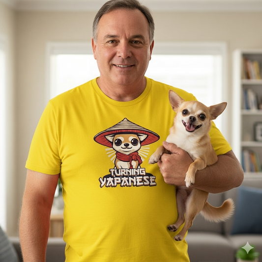Man wearing a yellow t-shirt with a dog graphic and text, holding a small dog indoors.