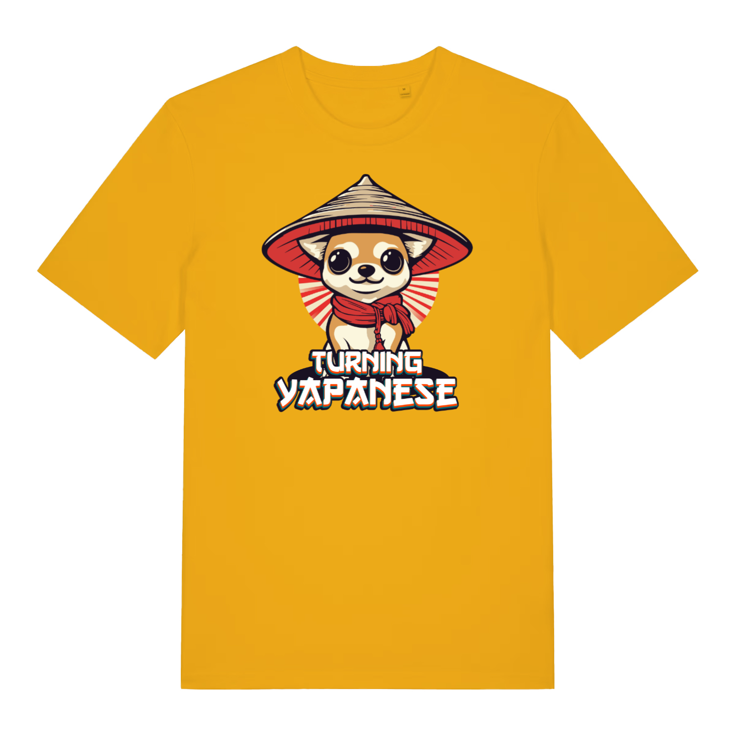 yellow funny animal t-shirt with the graphic of a chihuahua wearing a japanese hat and the slogan 'turning yapanese'