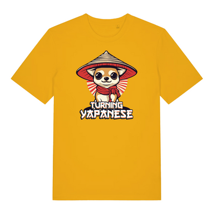 yellow funny animal t-shirt with the graphic of a chihuahua wearing a japanese hat and the slogan 'turning yapanese'
