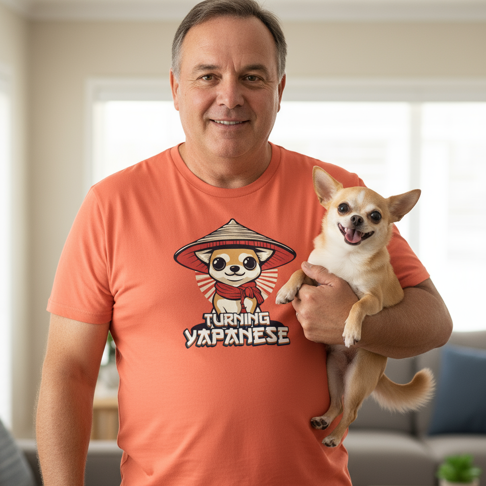 Man wearing a t-shirt with a dog graphic and text, holding a small dog.