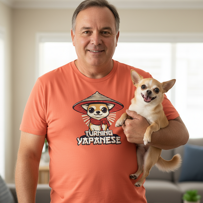 Man wearing a t-shirt with a dog graphic and text, holding a small dog.
