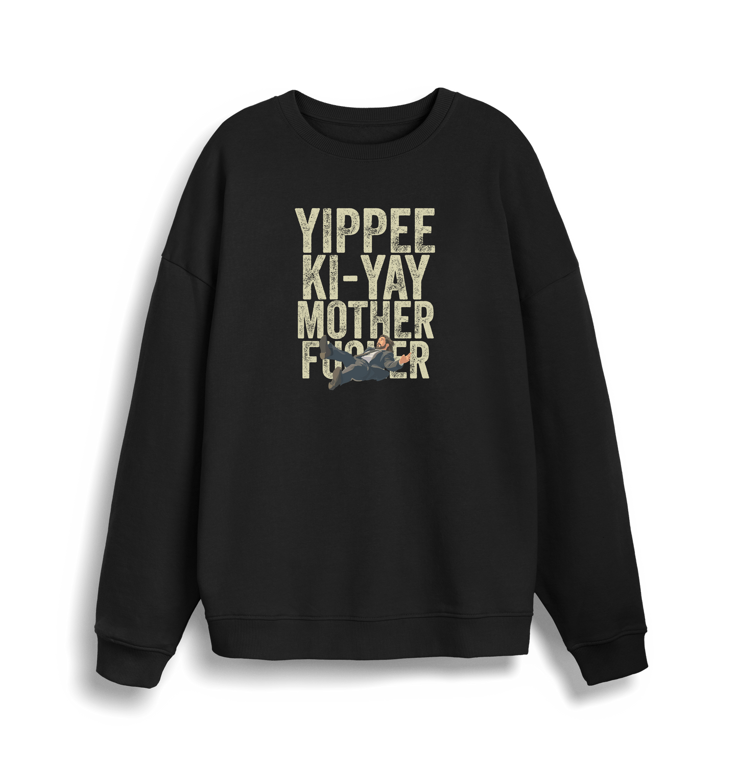 black christmas jumper with the graphic of a man falling and the slogan 'yippee ki-yay mother fucker'