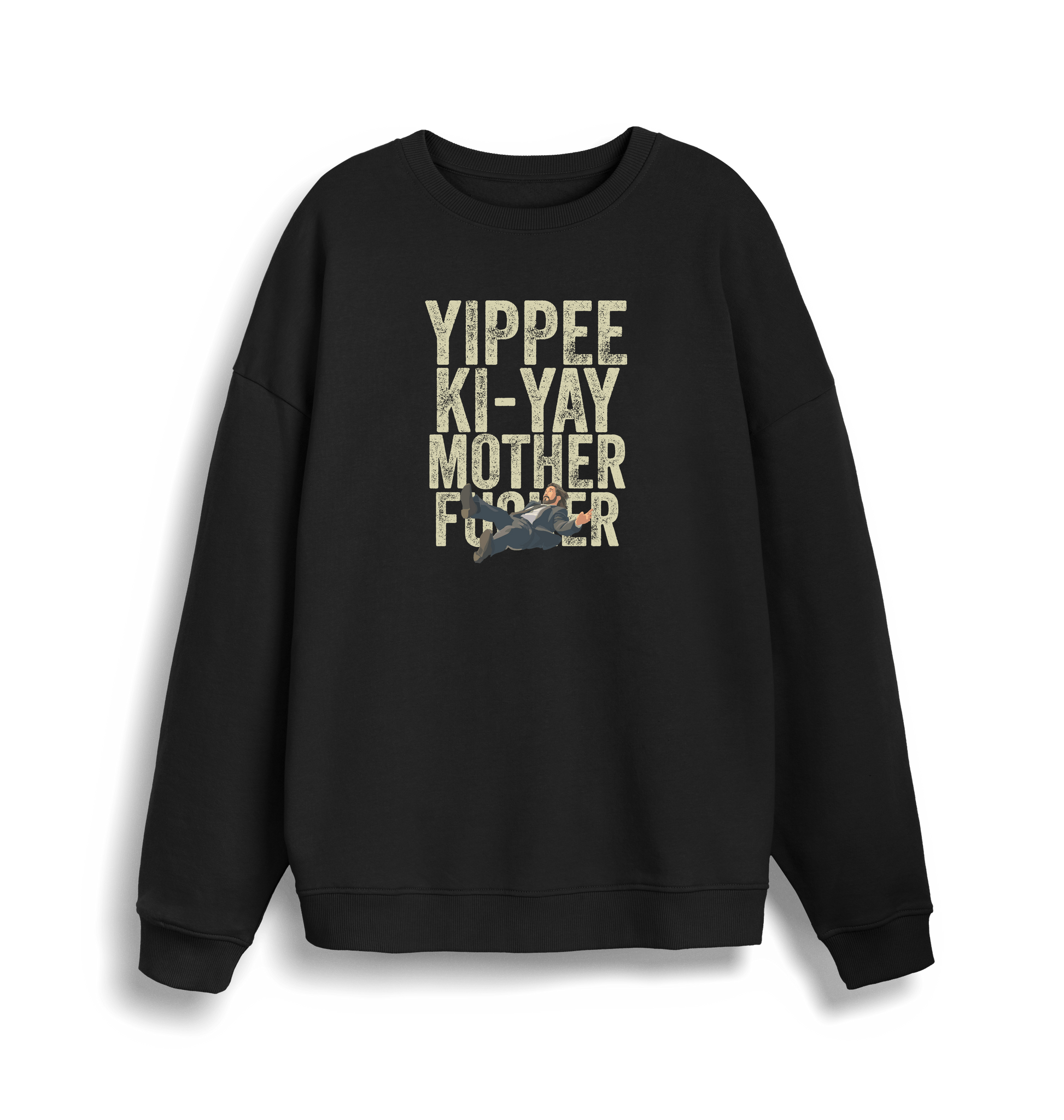 black christmas jumper with the graphic of a man falling and the slogan 'yippee ki-yay mother fucker'
