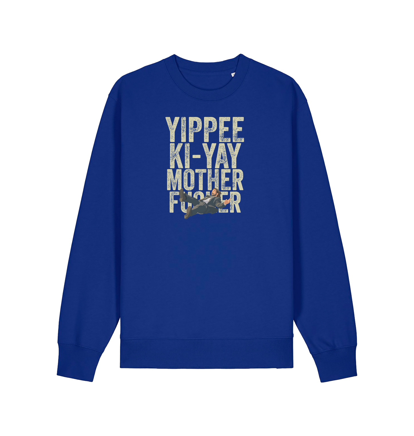 blue christmas jumper with the graphic of a man falling and the slogan 'yippee ki-yay mother fucker'