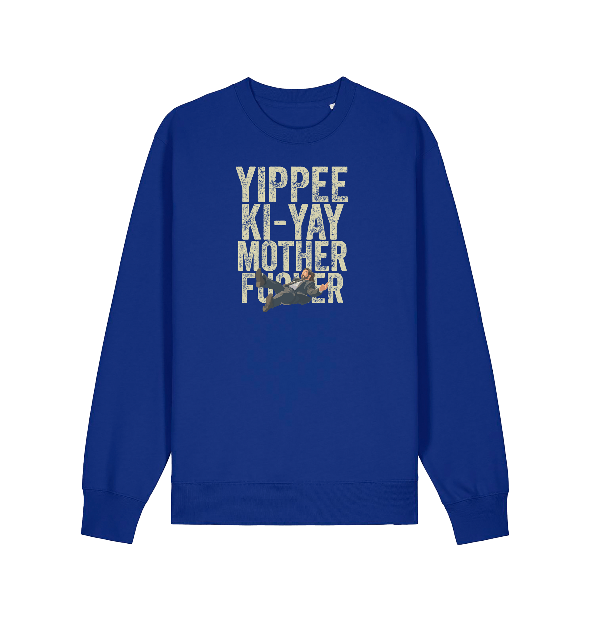 blue christmas jumper with the graphic of a man falling and the slogan 'yippee ki-yay mother fucker'