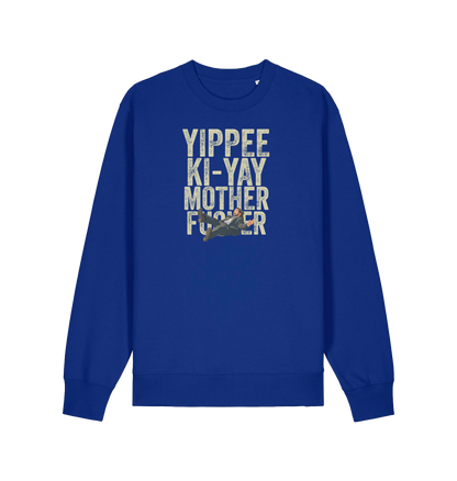 blue christmas jumper with the graphic of a man falling and the slogan 'yippee ki-yay mother fucker'