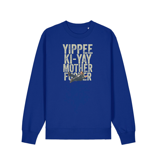 blue christmas jumper with the graphic of a man falling and the slogan 'yippee ki-yay mother fucker'