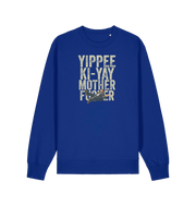 blue christmas jumper with the graphic of a man falling and the slogan 'yippee ki-yay mother fucker'