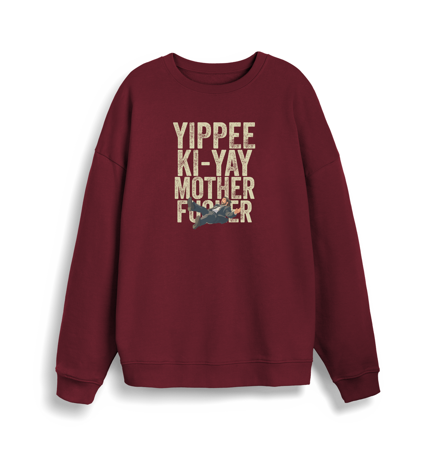 burgundy christmas jumper with the graphic of a man falling and the slogan 'yippee ki-yay mother fucker'