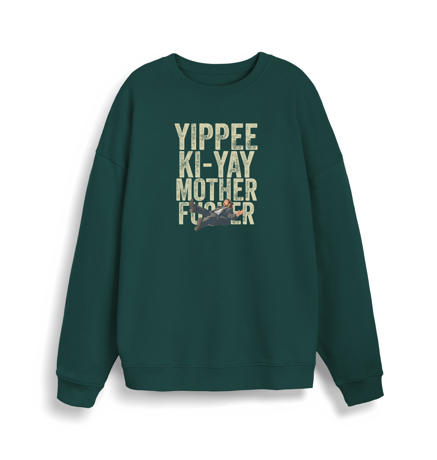 green christmas jumper with the graphic of a man falling and the slogan 'yippee ki-yay mother fucker'