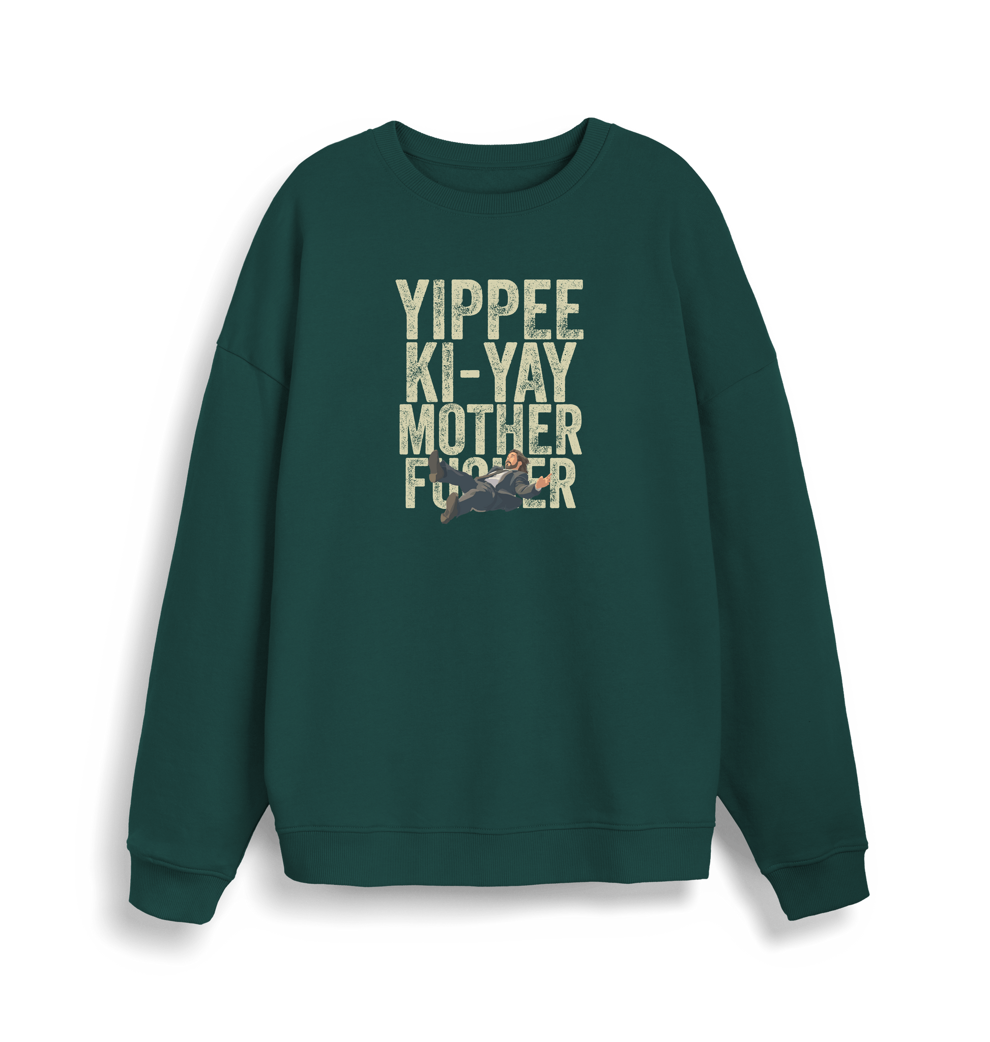 green christmas jumper with the graphic of a man falling and the slogan 'yippee ki-yay mother fucker'