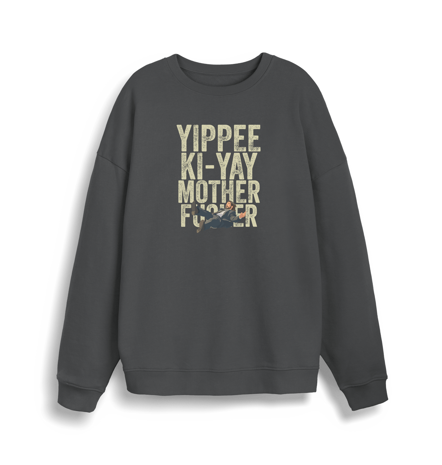 grey christmas jumper with the graphic of a man falling and the slogan 'yippee ki-yay mother fucker'