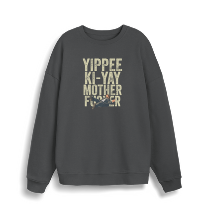 grey christmas jumper with the graphic of a man falling and the slogan 'yippee ki-yay mother fucker'