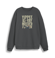 grey christmas jumper with the graphic of a man falling and the slogan 'yippee ki-yay mother fucker'
