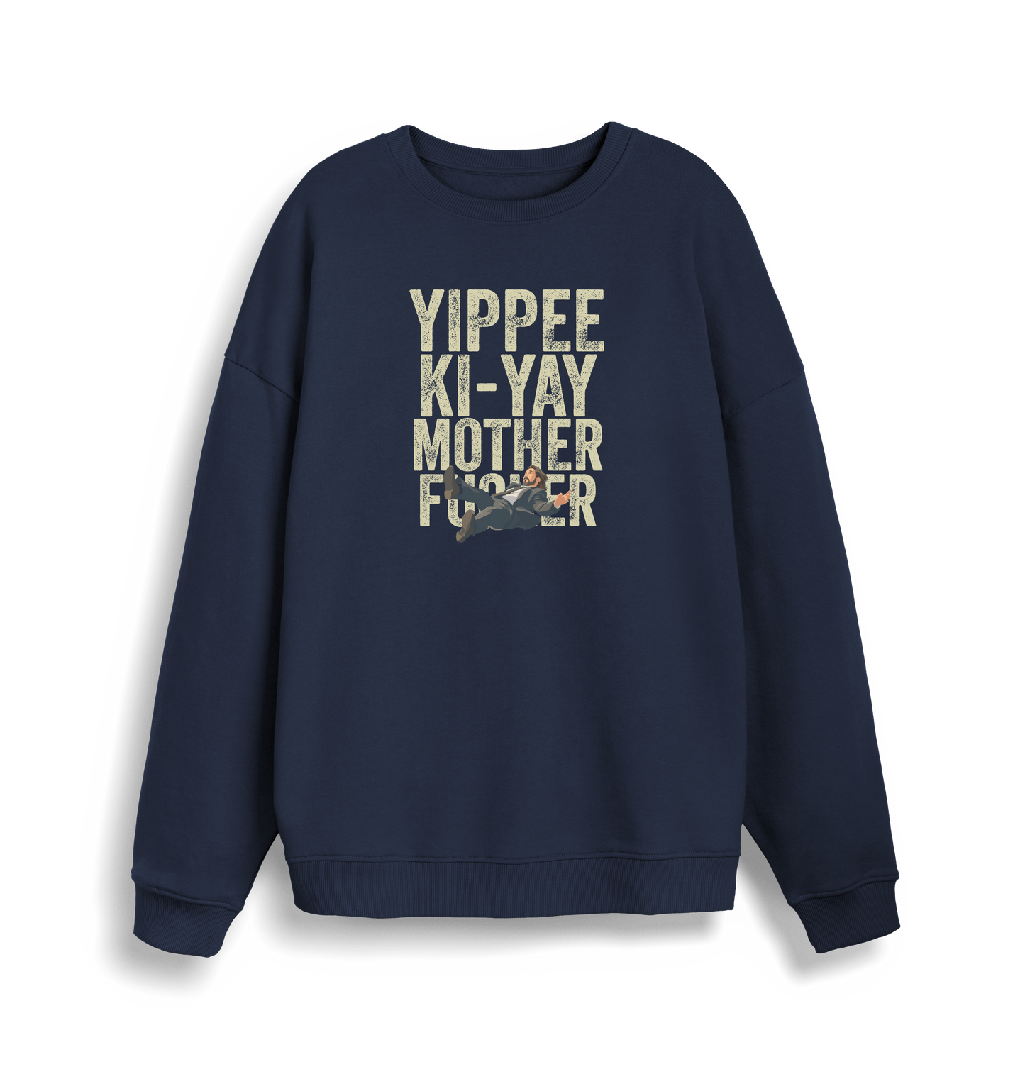 navy christmas jumper with the graphic of a man falling and the slogan 'yippee ki-yay mother fucker'