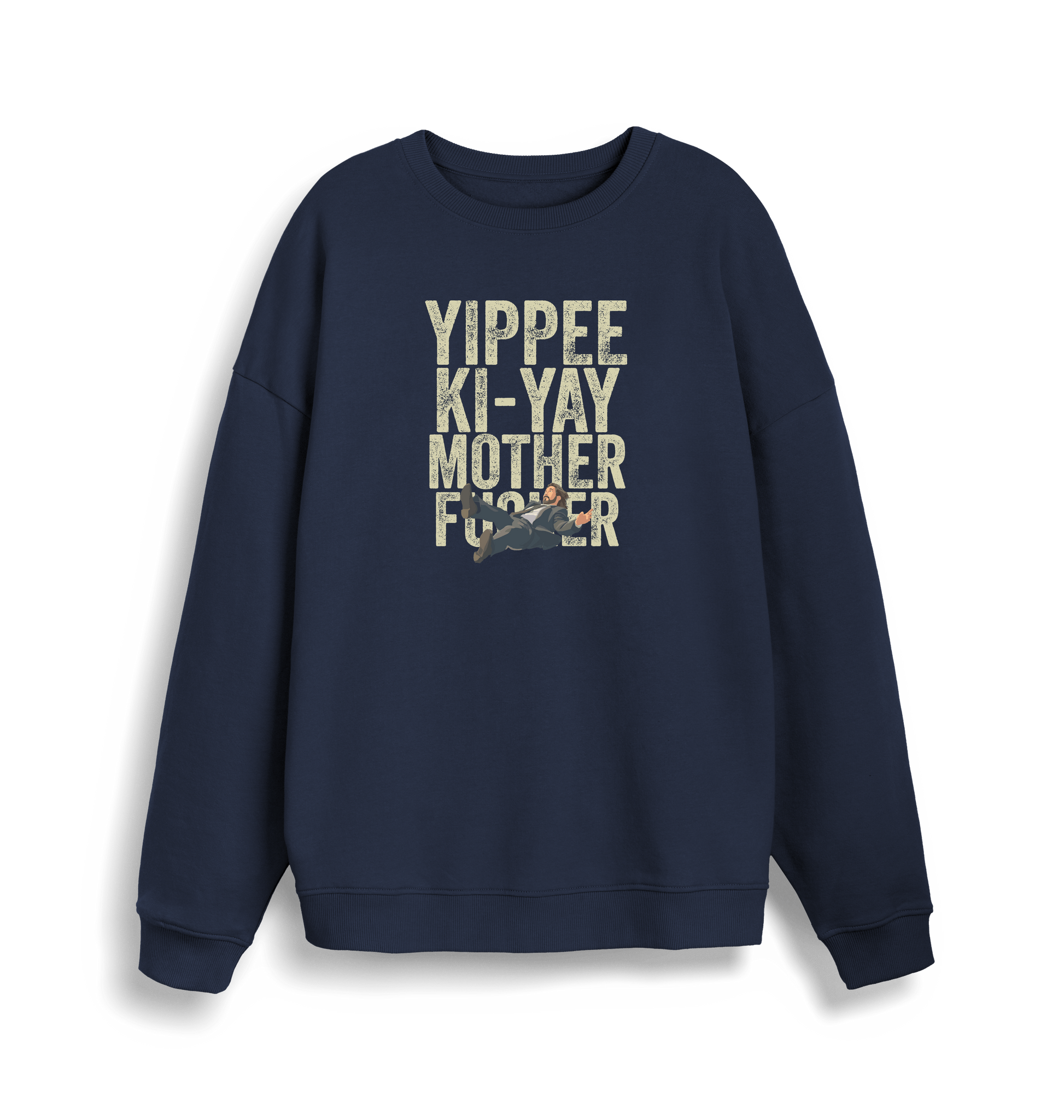 navy christmas jumper with the graphic of a man falling and the slogan 'yippee ki-yay mother fucker'