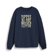 navy christmas jumper with the graphic of a man falling and the slogan 'yippee ki-yay mother fucker'