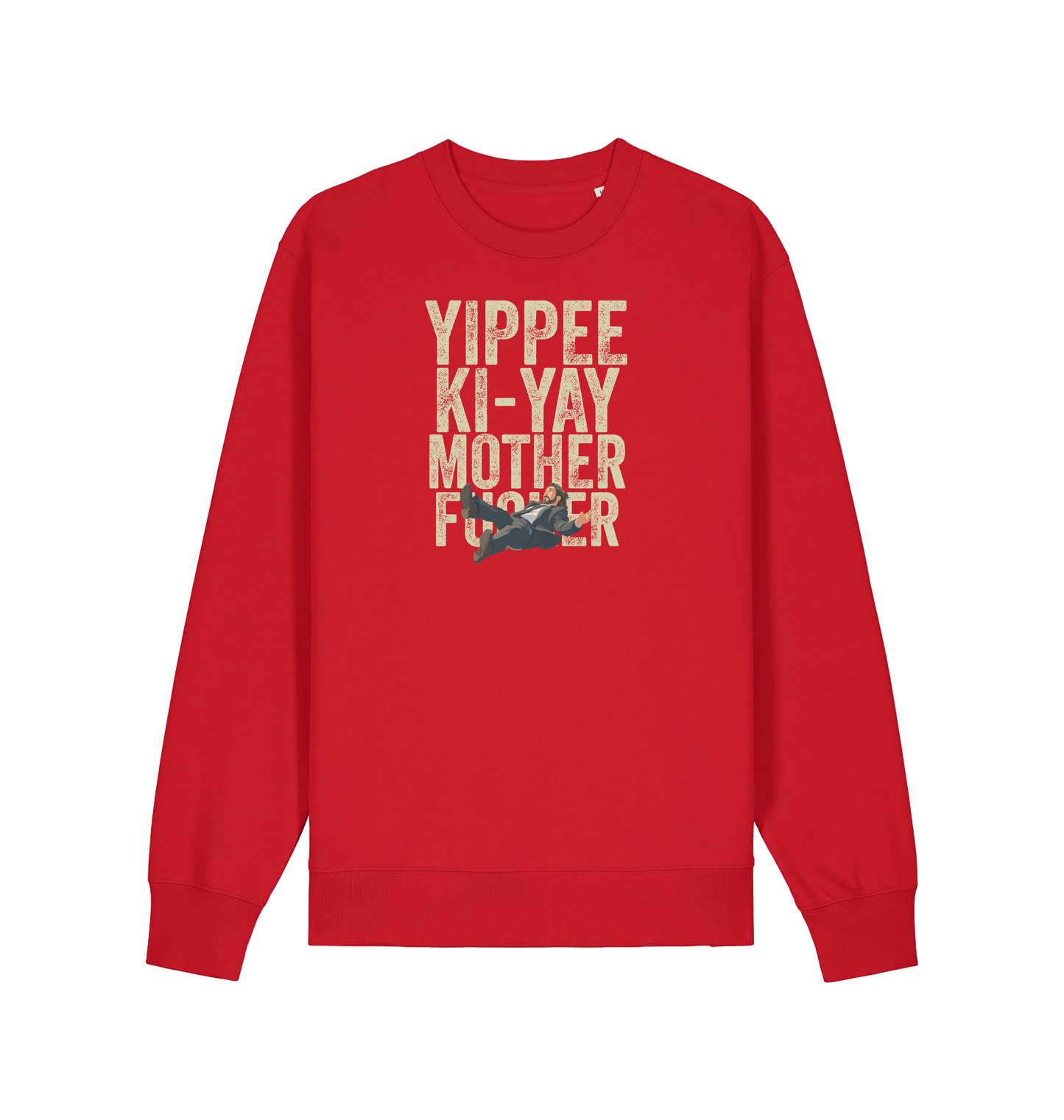 red christmas jumper with the graphic of a man falling and the slogan 'yippee ki-yay mother fucker'
