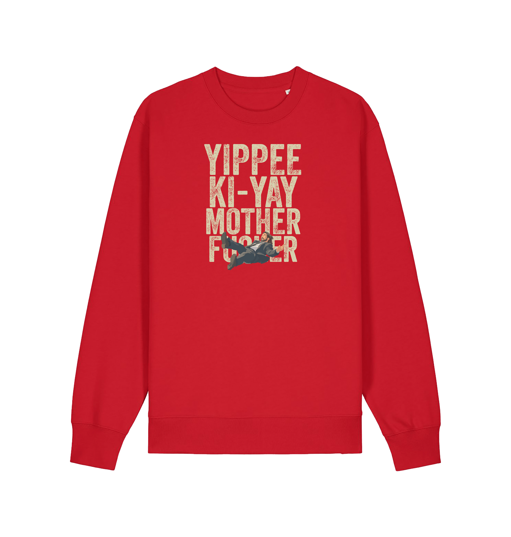 red christmas jumper with the graphic of a man falling and the slogan 'yippee ki-yay mother fucker'