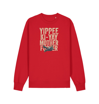 red christmas jumper with the graphic of a man falling and the slogan 'yippee ki-yay mother fucker'
