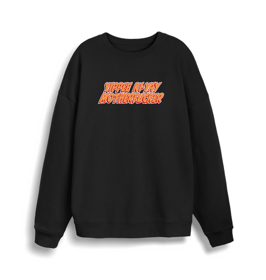 back christmas sweater with the slogan 'yippee ki-yay motherfucker'