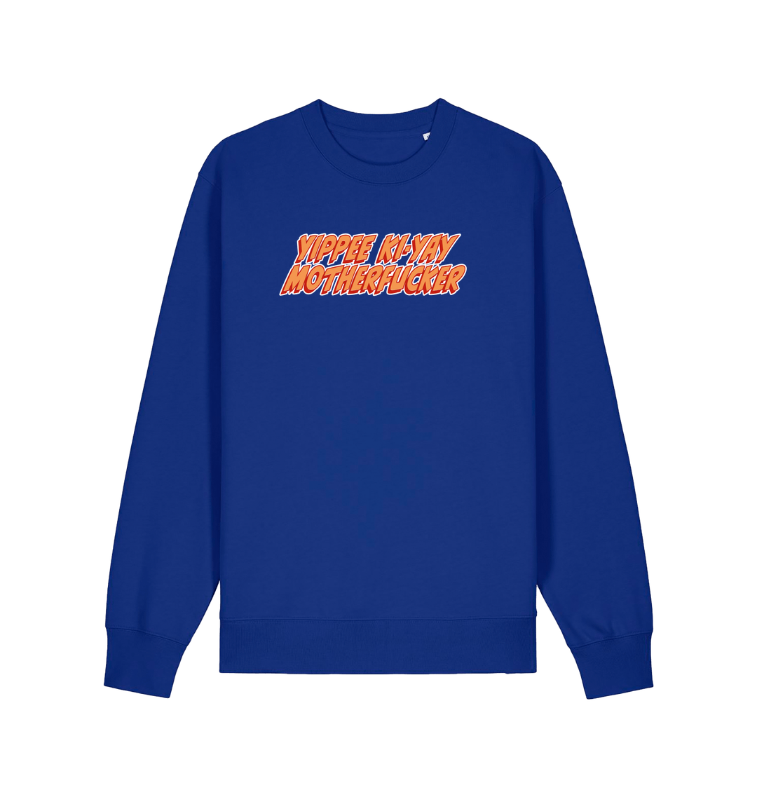 blue christmas sweater with the slogan 'yippee ki-yay motherfucker