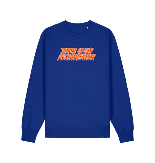 blue christmas sweater with the slogan 'yippee ki-yay motherfucker