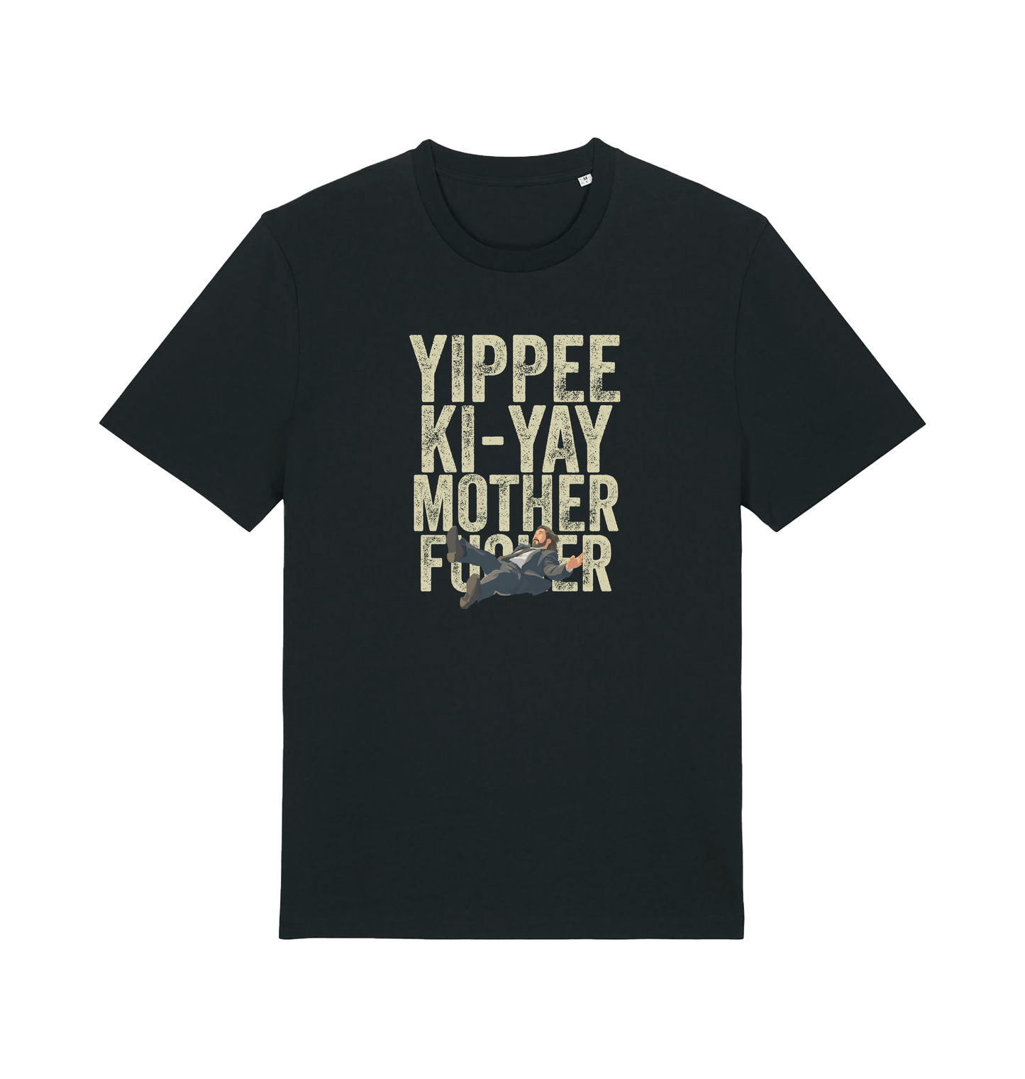 black christmas t-shirt with the graphic of a man falling and the slogan 'yippee ki-yay mother fucker'