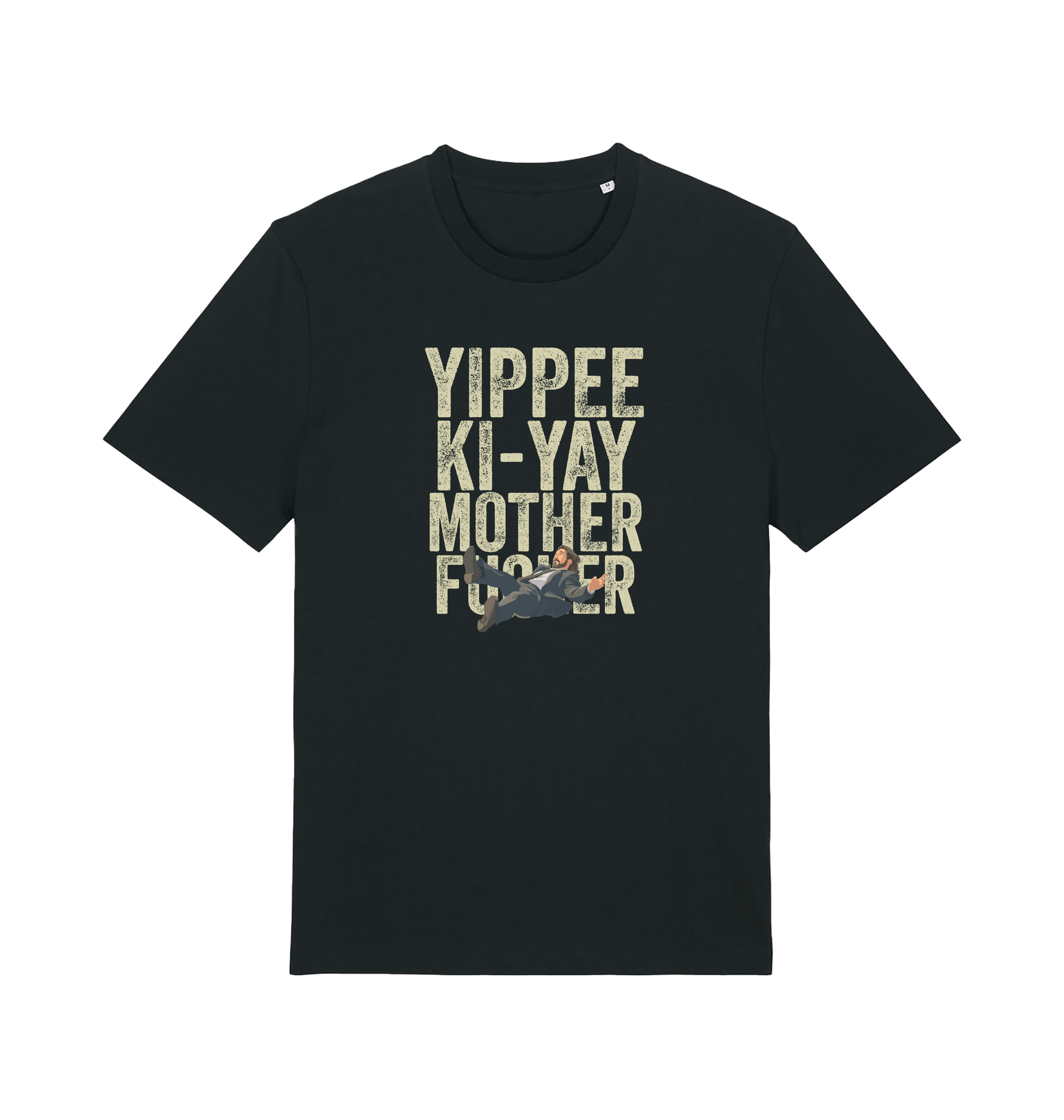 black christmas t-shirt with the graphic of a man falling and the slogan 'yippee ki-yay mother fucker'