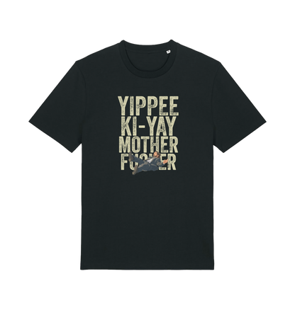 black christmas t-shirt with the graphic of a man falling and the slogan 'yippee ki-yay mother fucker'