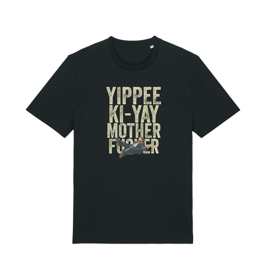 black christmas t-shirt with the graphic of a man falling and the slogan 'yippee ki-yay mother fucker'